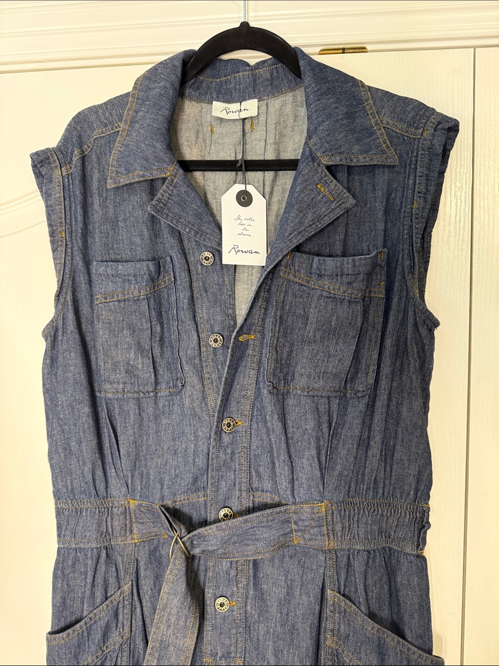 Rowan NWT Sleeveless Dark Blue Denim Jumpsuit with Tie Waist - Picture 3 of 4